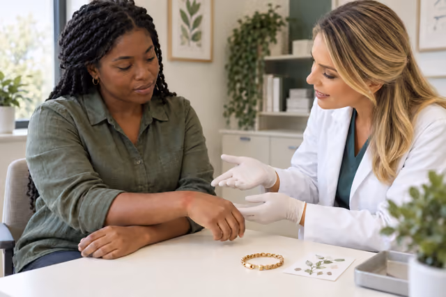 Illustrative consultation about wrist irritation after contact with a bracelet