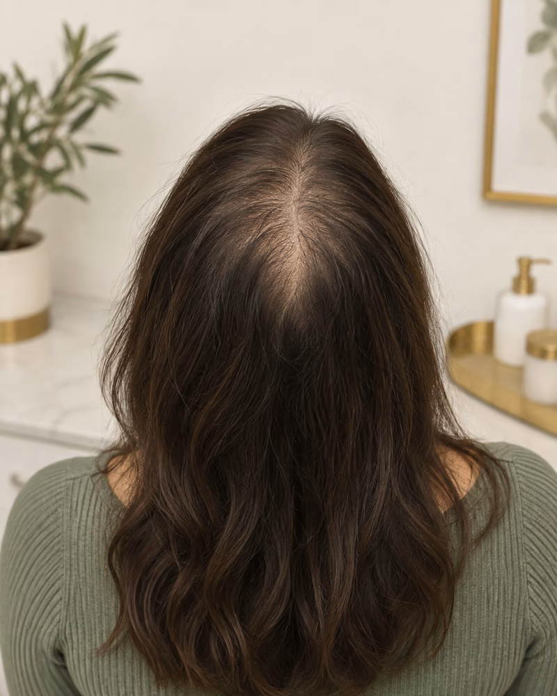 Imagem humana ilustrativa de Alopecia androgenética feminina; não representa paciente real.