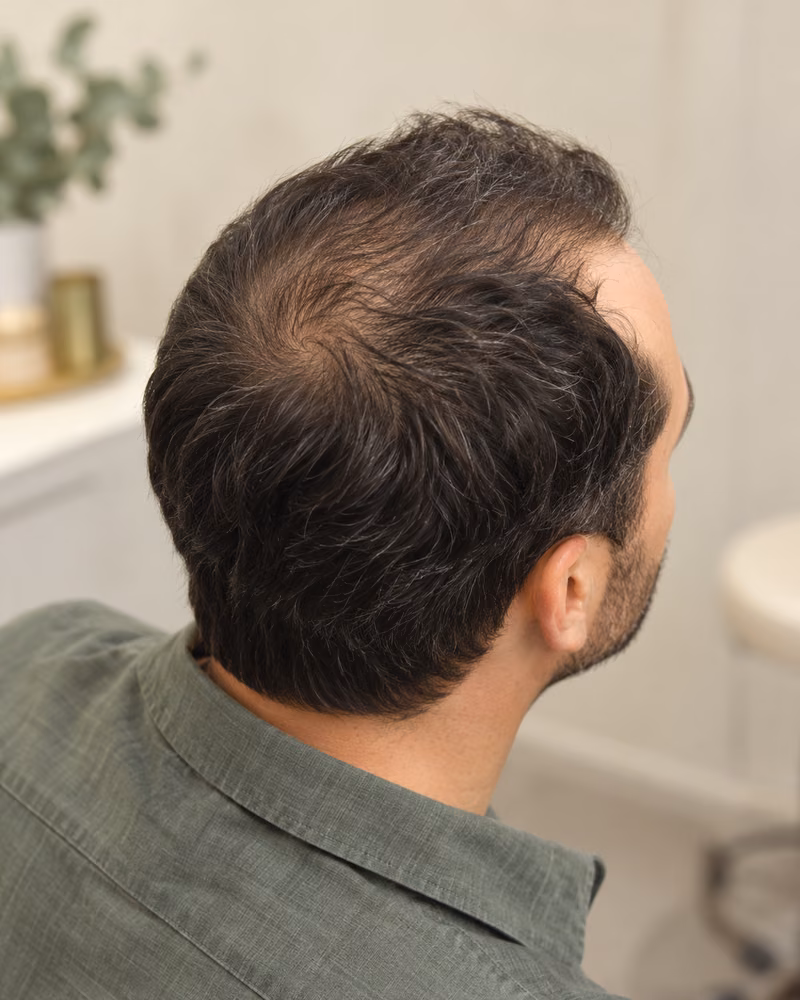 Imagem humana ilustrativa de Alopecia androgenética masculina; não representa paciente real.
