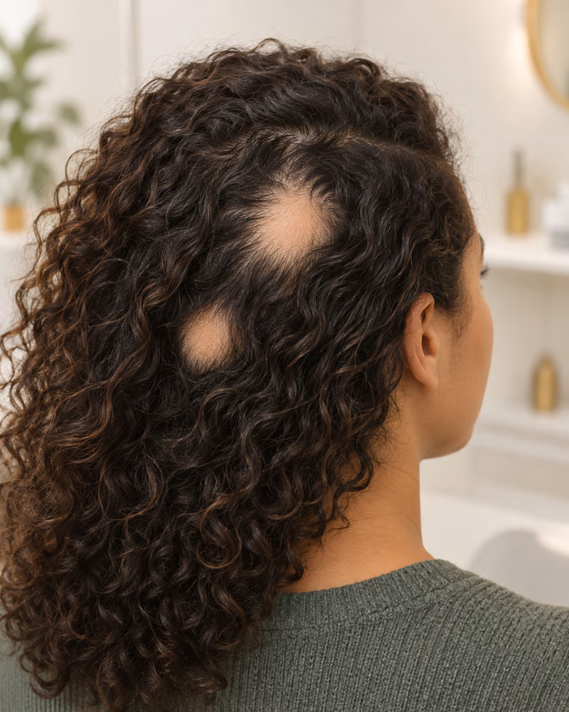 Imagem humana ilustrativa de Alopecia areata; não representa paciente real.