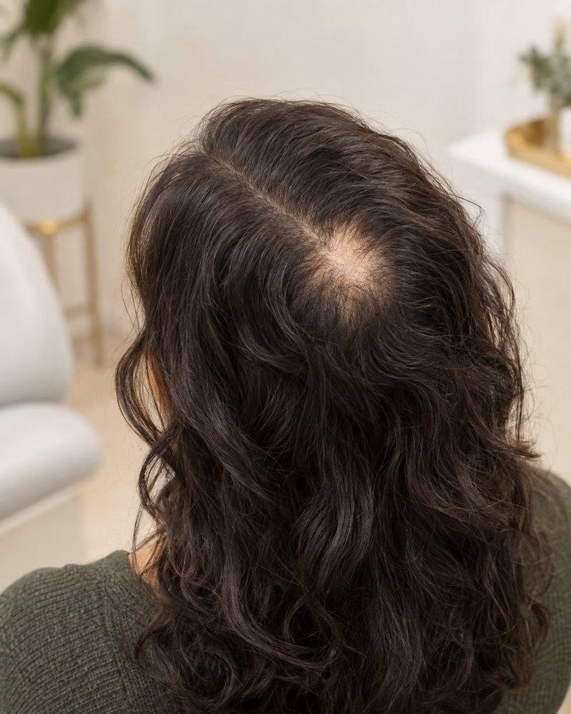 Imagem humana ilustrativa de Alopecia cicatricial; não representa paciente real.