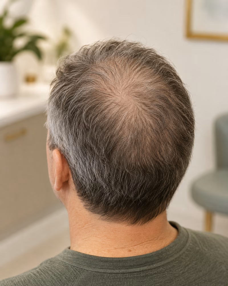Imagem humana ilustrativa de Alopecia induzida por medicamentos; não representa paciente real.