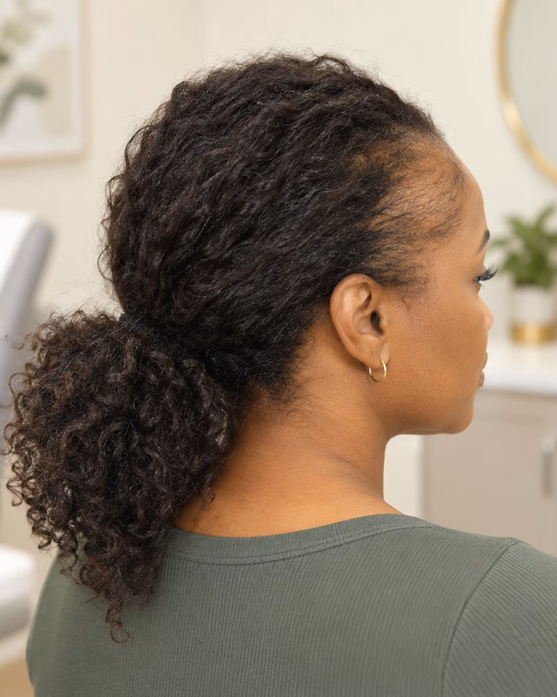 Imagem humana ilustrativa de Alopecia por tração; não representa paciente real.