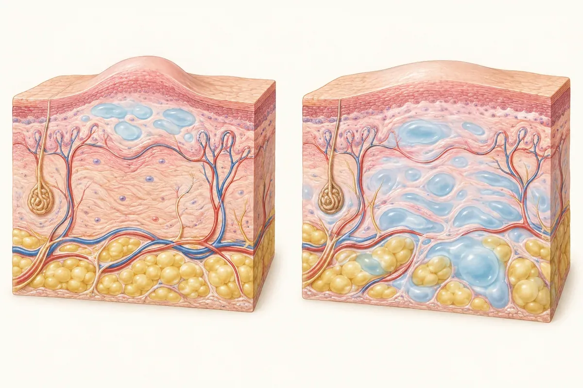 Conceptual comparison of superficial swelling in hives and deeper swelling in angioedema.