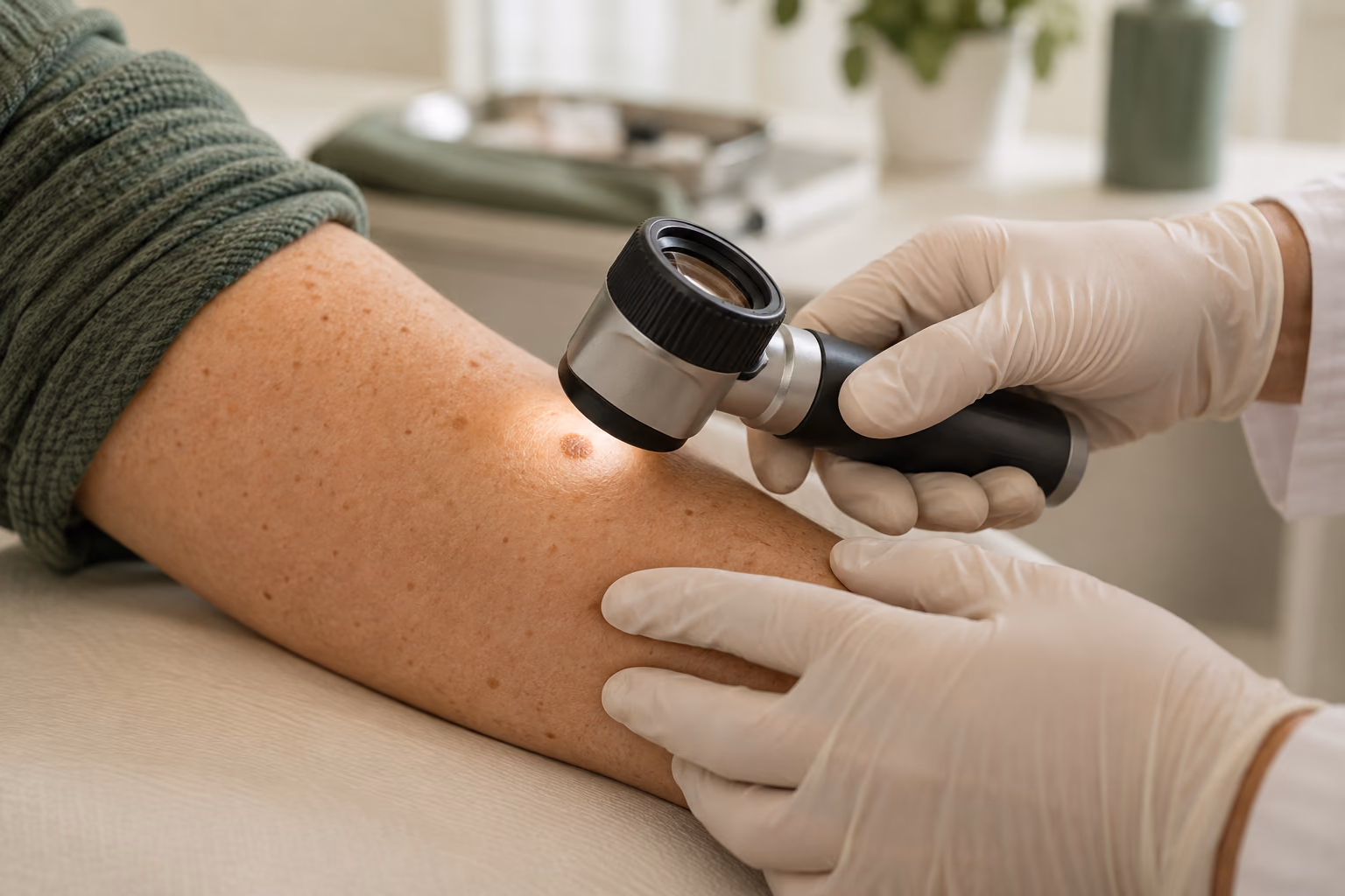Cena ilustrativa de dermatoscopia de uma lesão no braço, gerada por inteligência artificial. Não retrata atendimento ou paciente real.