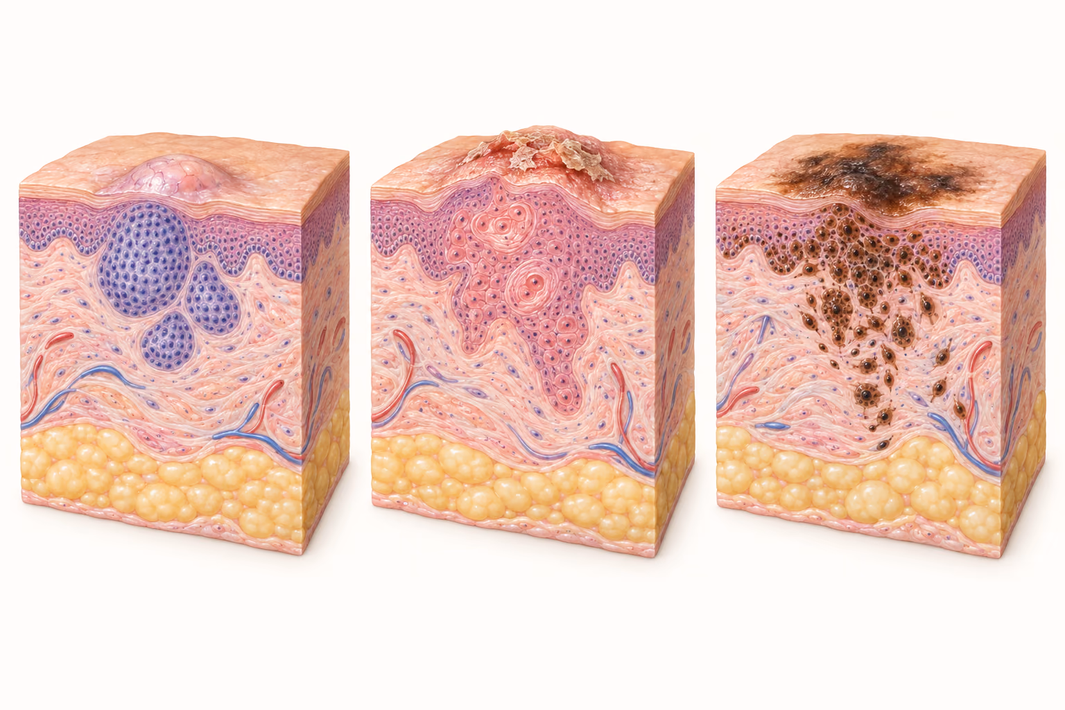 Ilustração conceitual gerada por IA: da esquerda para a direita, carcinoma basocelular, espinocelular e melanoma. Esquema sem escala, que não serve para autodiagnóstico.