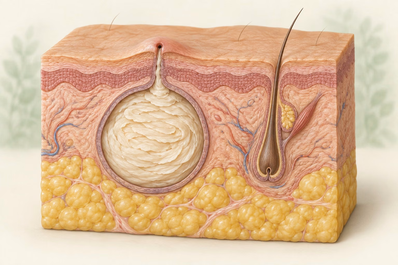 Ilustração conceitual de um cisto epidermoide na pele.