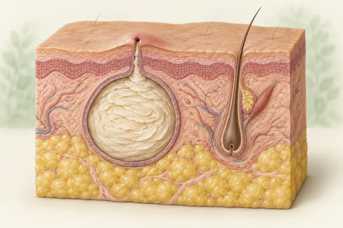Ilustração de cisto epidermoide com cápsula, queratina e abertura na pele.