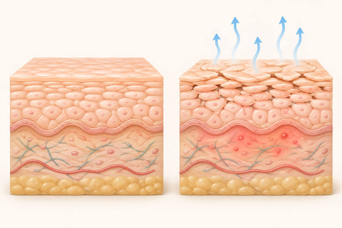 Ilustração da barreira da pele, perda de água e inflamação no eczema atópico