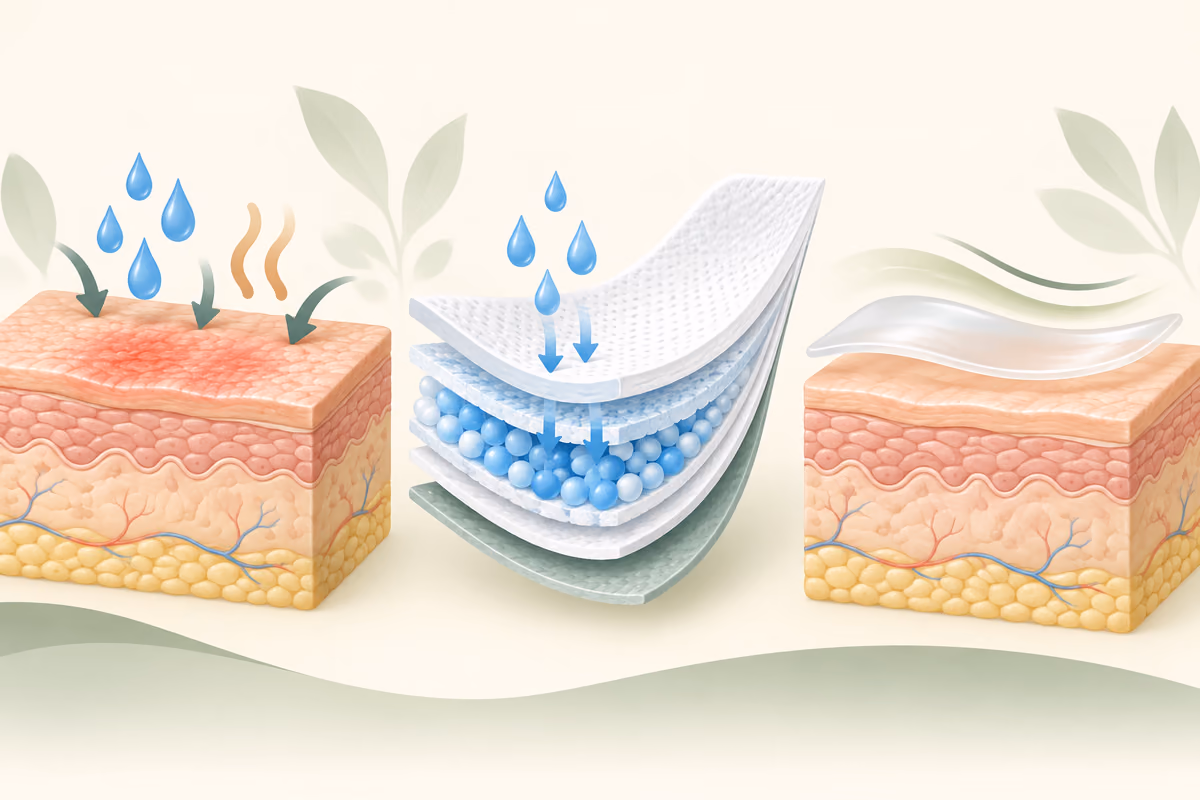 Ilustração de umidade, material absorvente e proteção da barreira cutânea