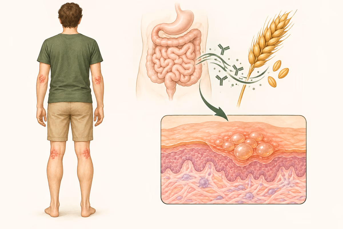 Ilustração conceitual da relação entre glúten, resposta imunológica, intestino e pele