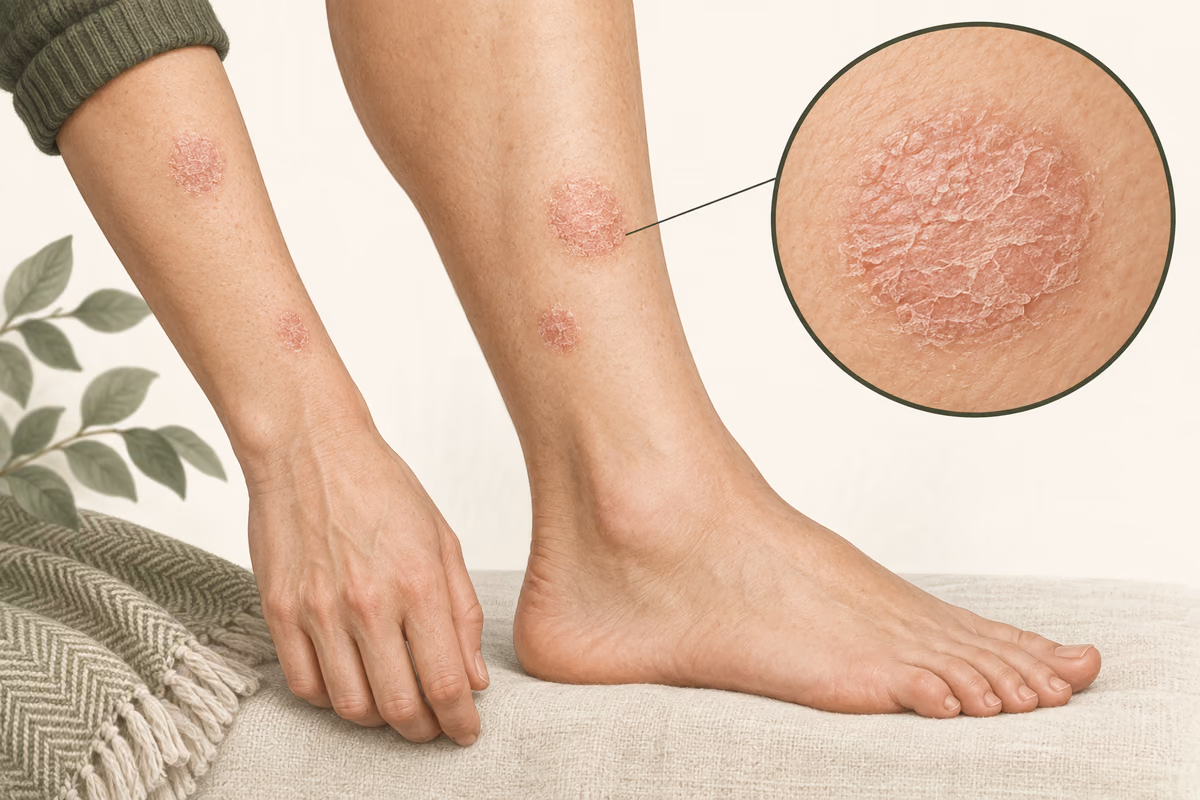 Ilustração de placas de eczema numular uniformemente descamativas no braço e na perna