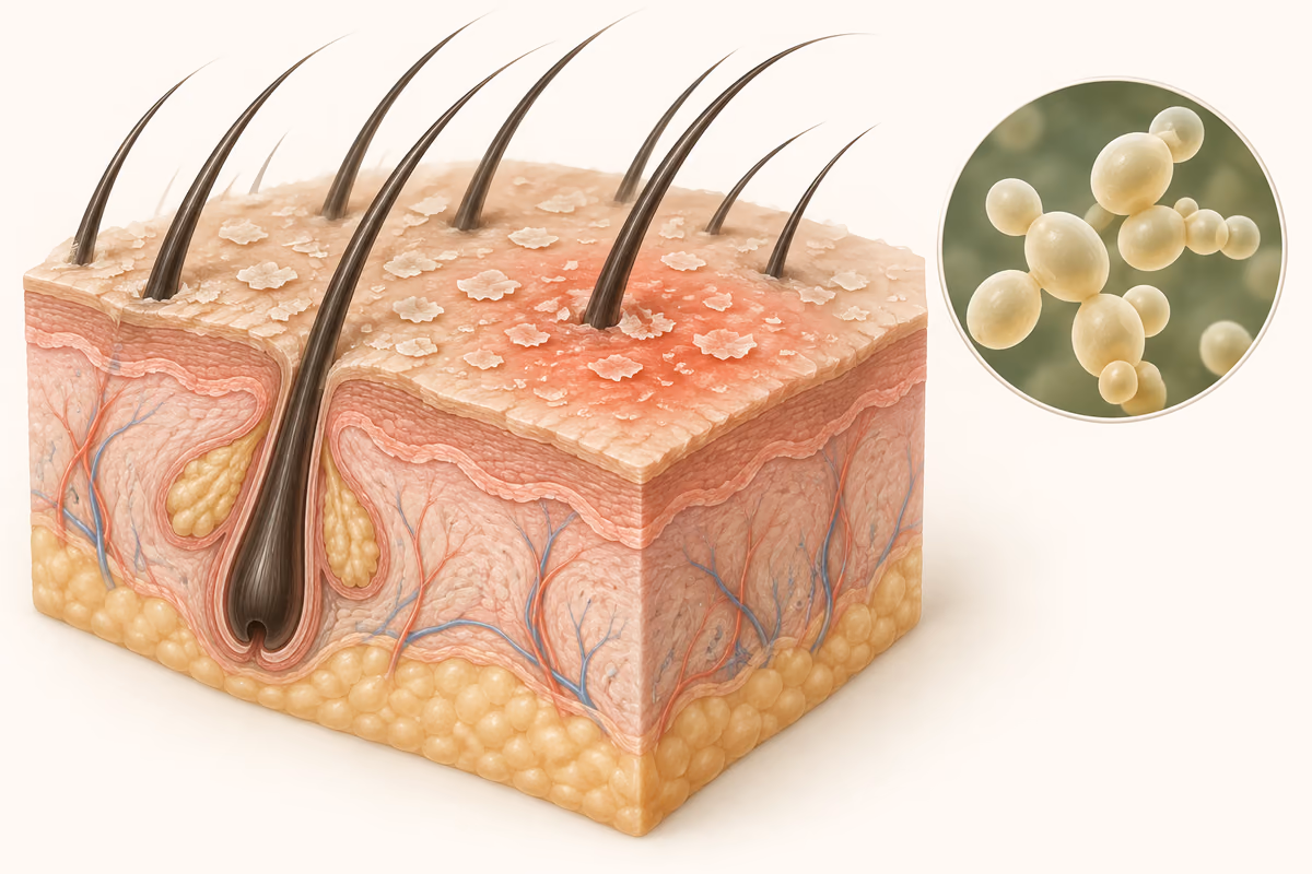 Ilustração de couro cabeludo com descamação e inflamação superficial