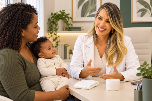 Illustrative consultation with a mother holding a fully clothed baby during skincare advice