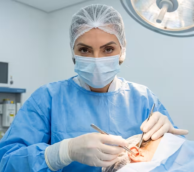 Dra. Caroline Minchio durante procedimento de Otoplastia