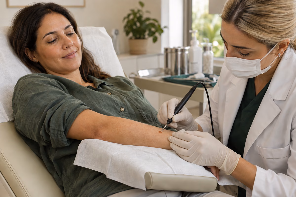 Profissional loira realizando procedimento cutâneo em cena ilustrativa de eletrocauterização