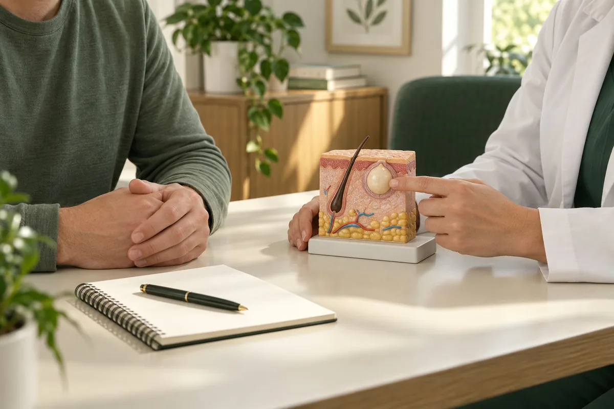 Illustrative medical consultation using an anatomical model of a cyst.