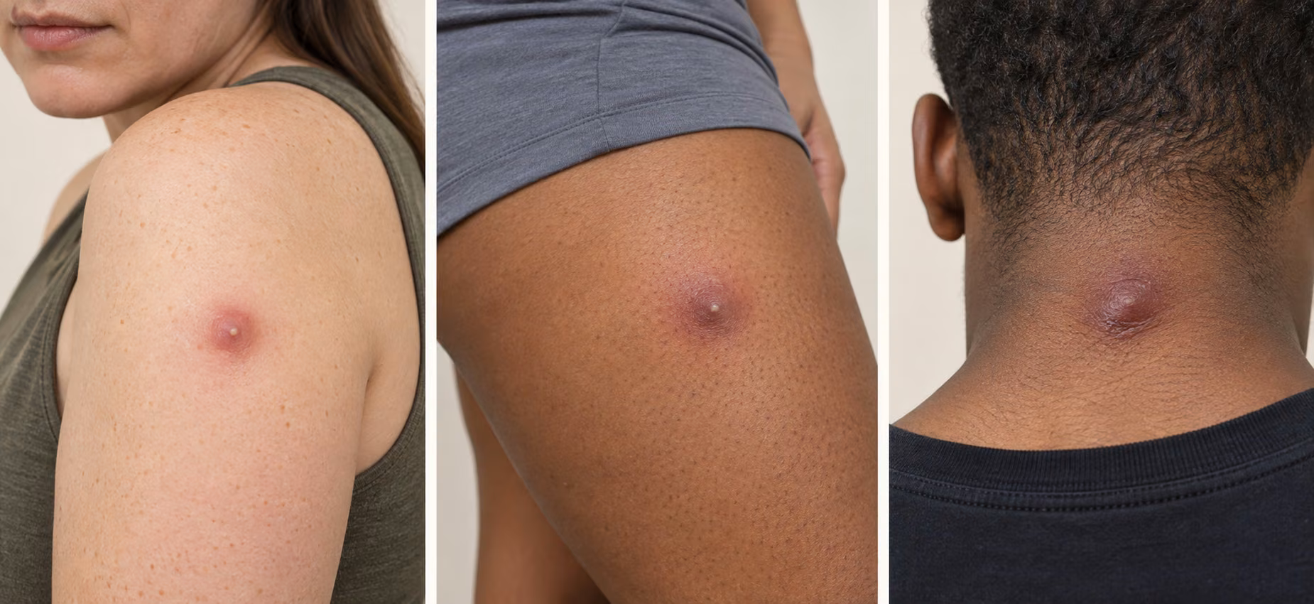 Três modelos adultos sintéticos com lesões elevadas e inflamadas no braço, na coxa e na nuca.