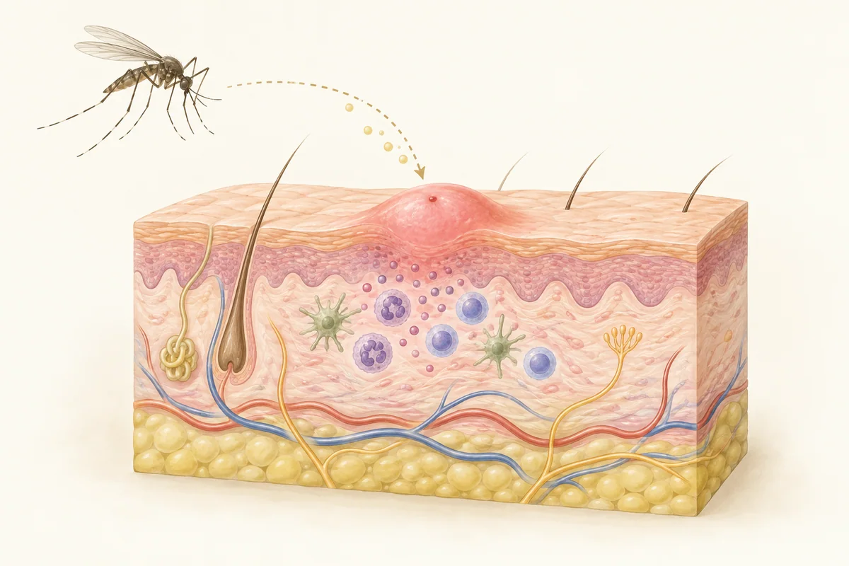 Conceptual illustration of an insect bite and a localized inflammatory response forming a papule.