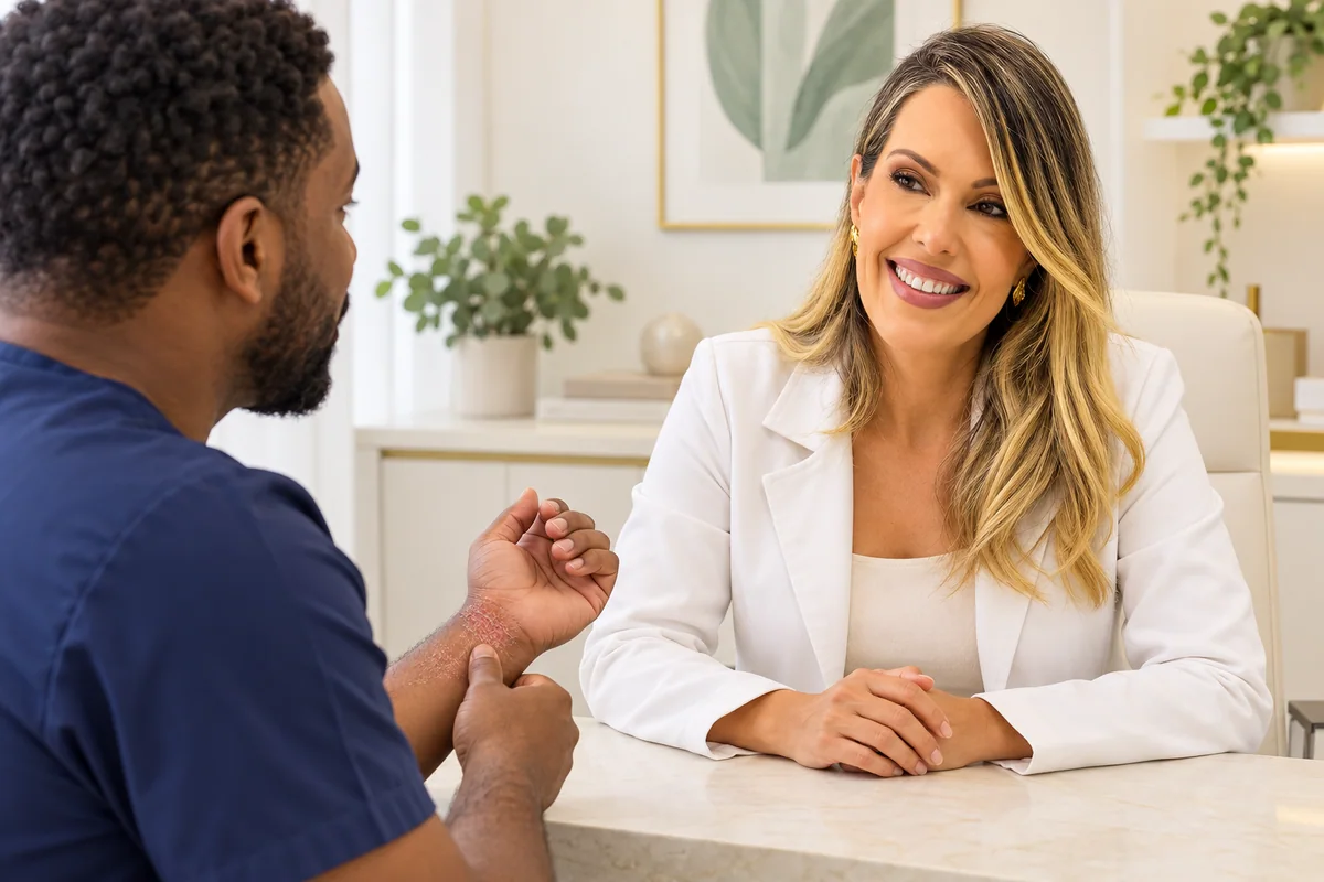 Illustrative scene of a healthcare worker discussing wrist irritation with a physician during an occupational history review.
