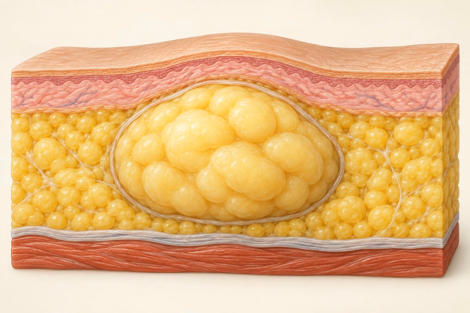 Ilustração conceitual de um lipoma sob a pele.