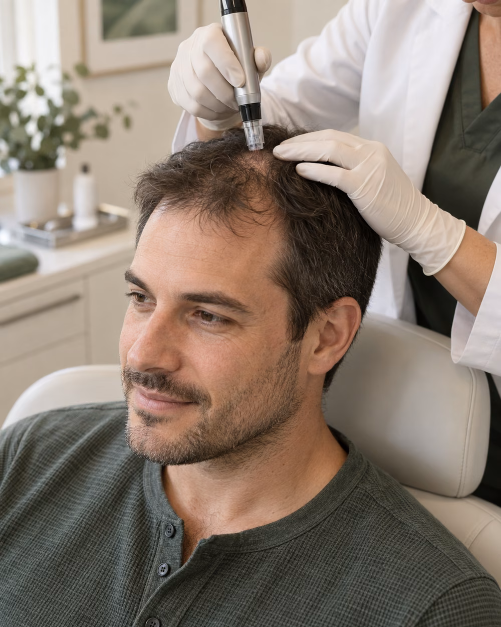 AI-generated illustration of an adult receiving scalp microneedling.