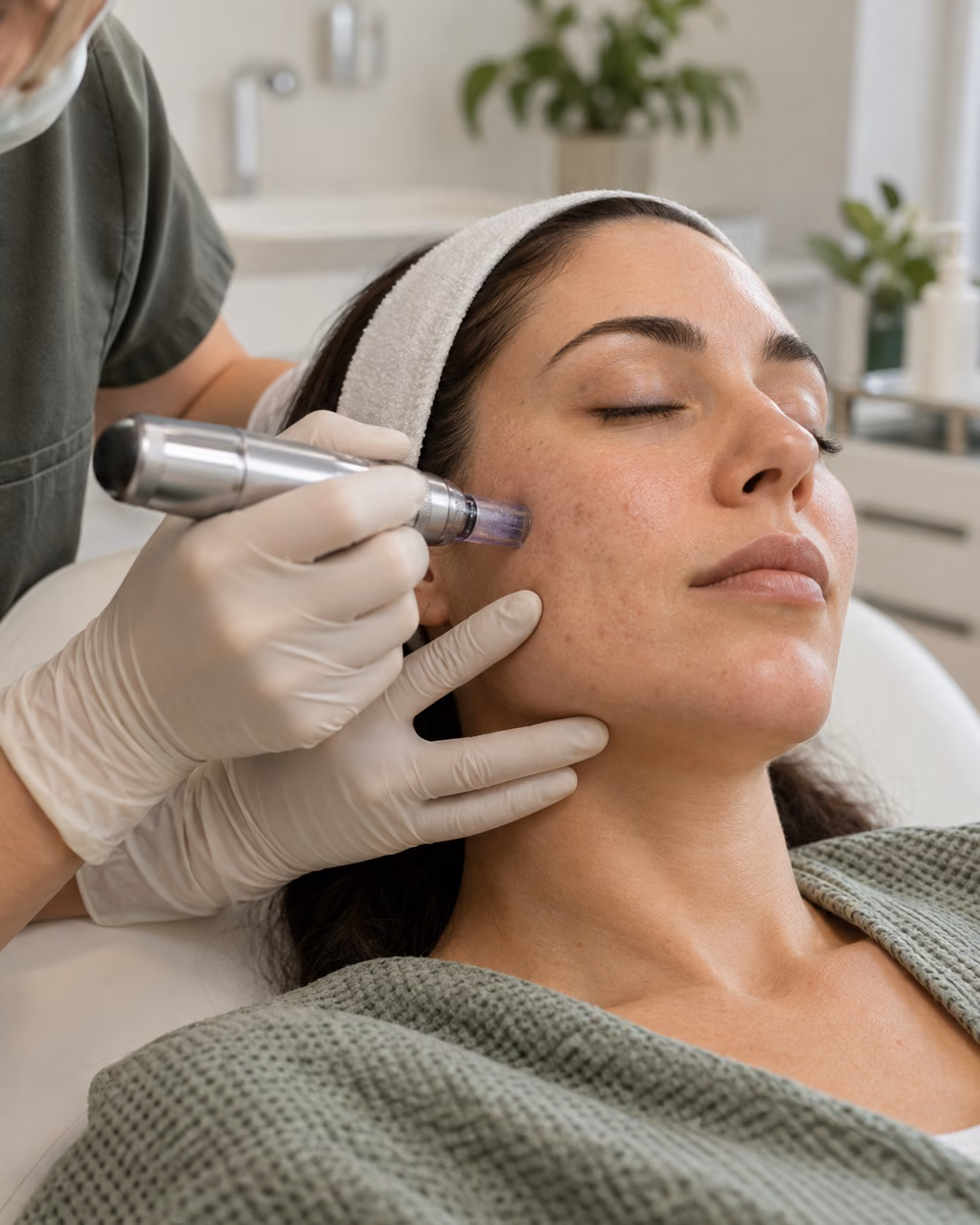 AI-generated illustration of an adult receiving facial microneedling.