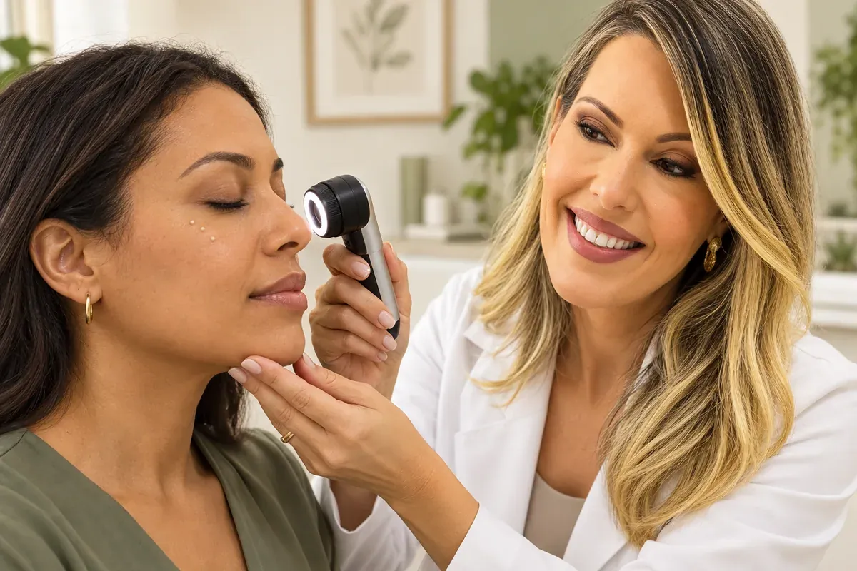 Illustrative consultation for small white bumps on an adult patient’s cheek.