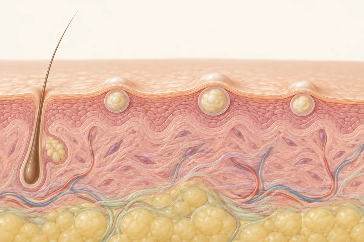 Conceptual illustration of three small superficial keratin cysts beneath the skin surface.