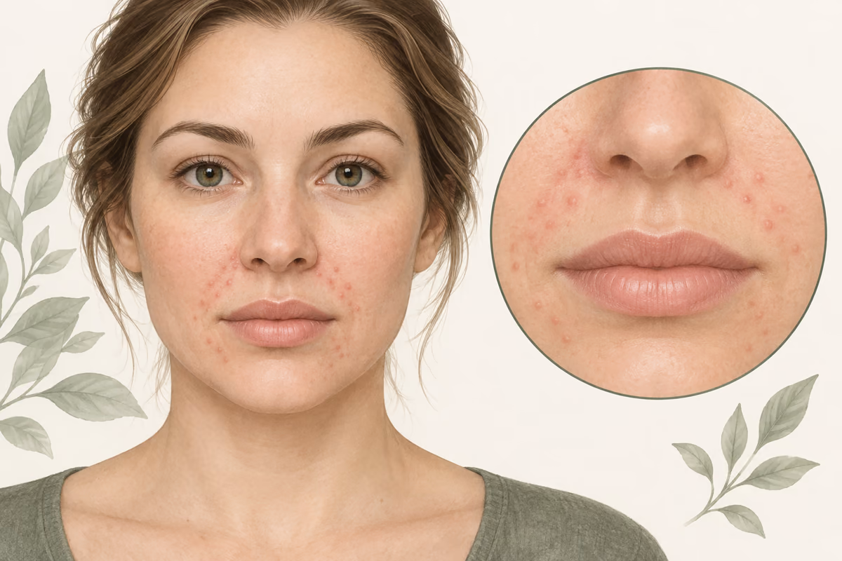 Illustration of perioral papules with a spared strip next to the lip border