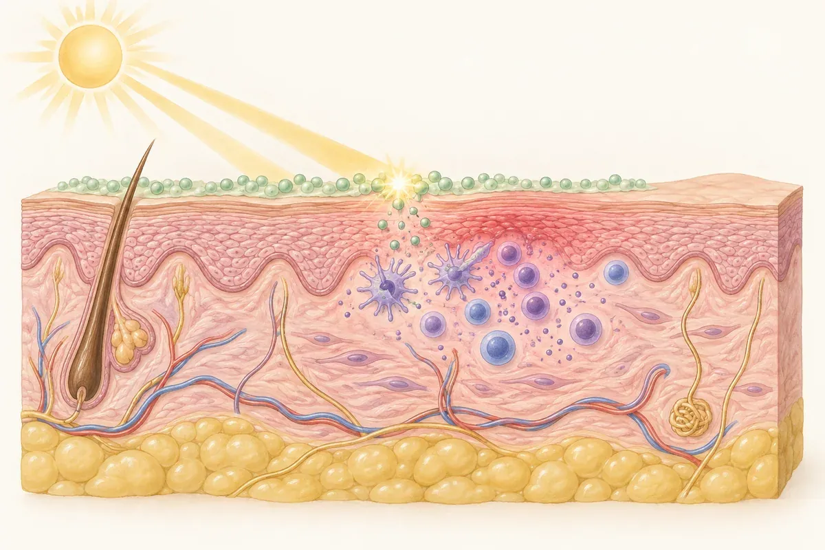 Conceptual illustration of light and a skin substance associated with a photocontact immune response.