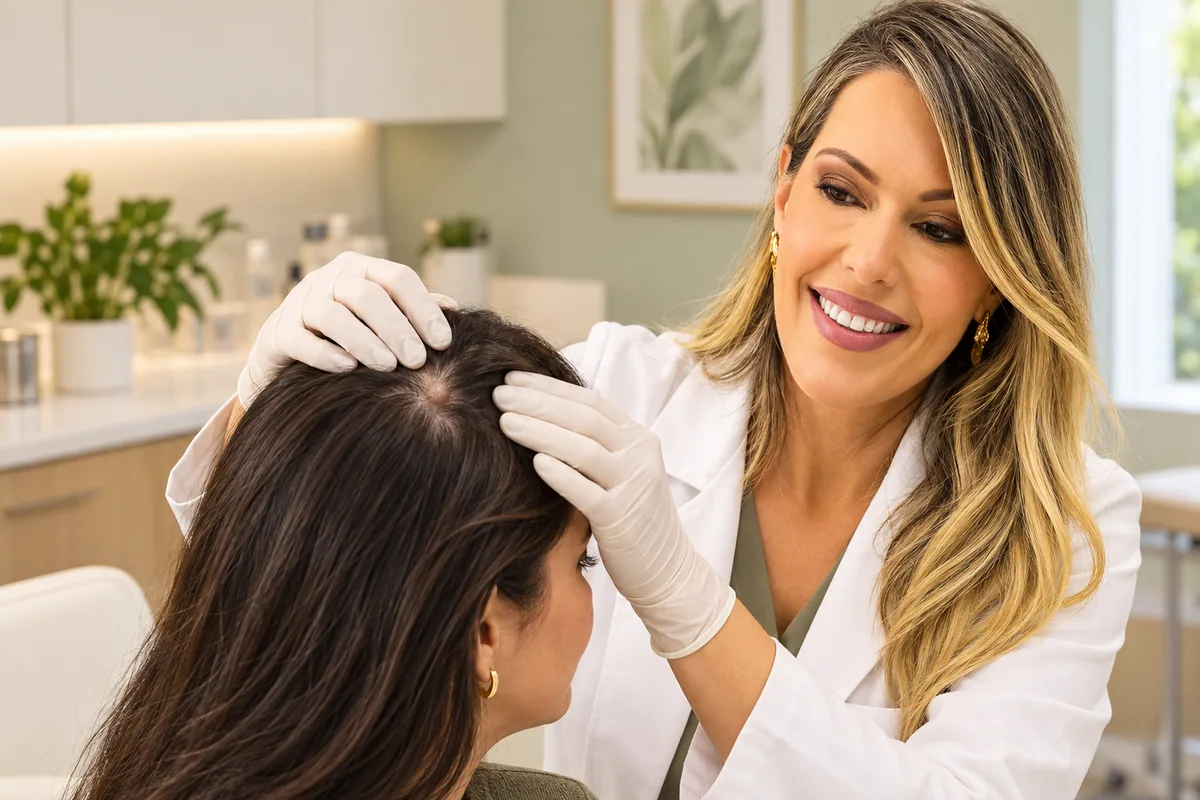 Illustrative consultation showing a physician examining a small scalp lump in an adult patient.